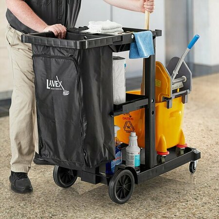 LAVEX Black 3-Shelf Janitor Cart with Black Vinyl Zippered Bag 274JC3BKZPBK